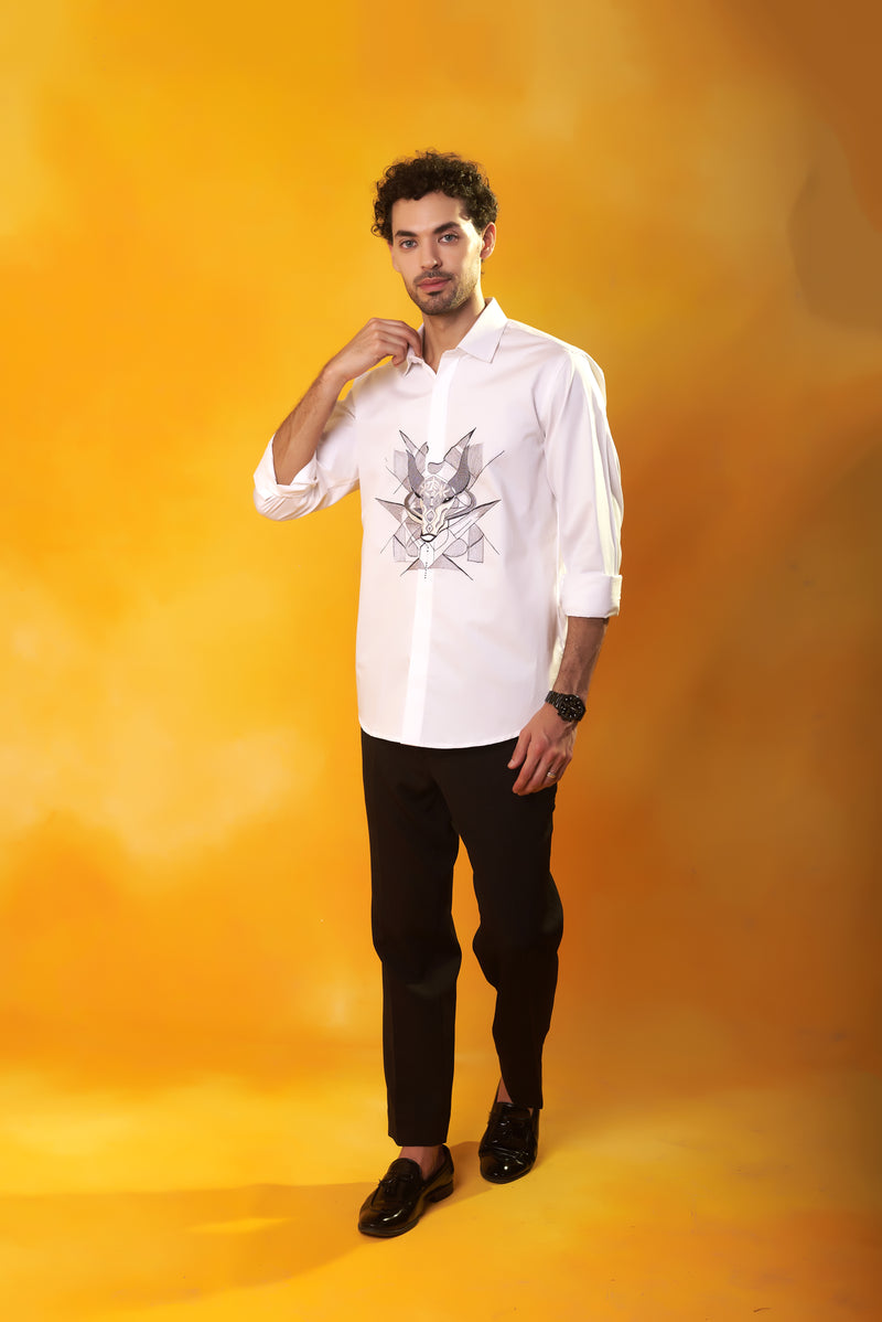 White Shirt with Bull Embroidery Abstract