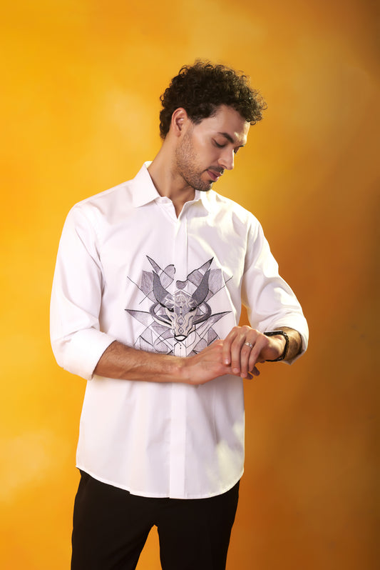 White shirt with abstract bull embroidery artisan | Bhavya Bhasin Couture