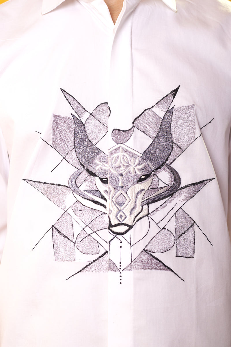 White Shirt with Bull Embroidery Abstract