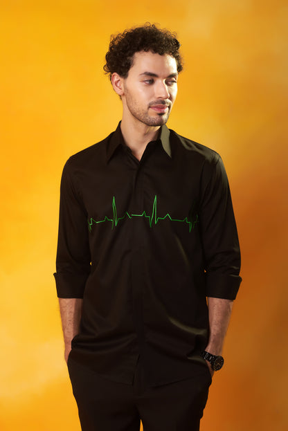 Black shirt with heartbeat embroidery artisan | Bhavya Bhasin Couture
