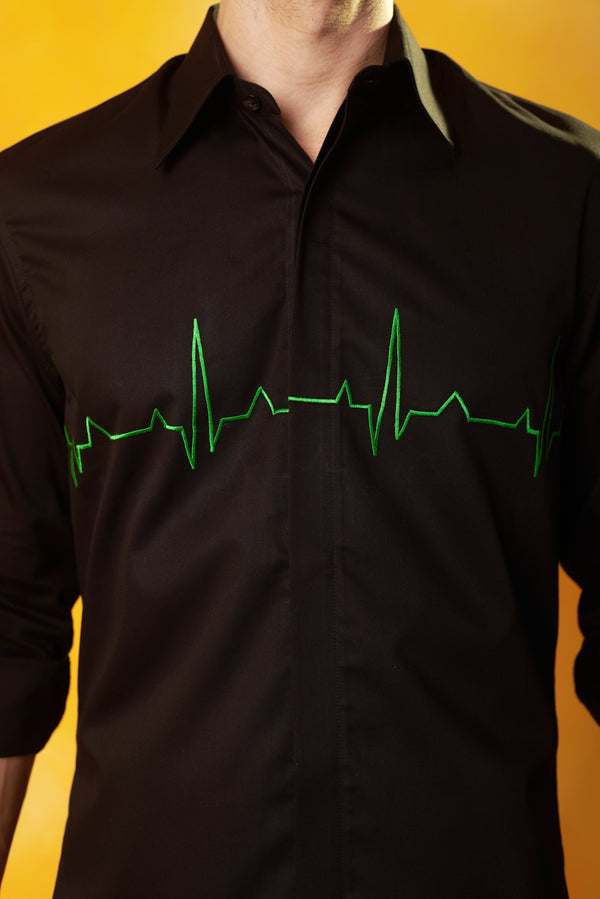 Black Shirt Heart Beat Embroidery