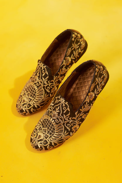 Kala Suvar black gold embroidered silk loafers | Bhavya Bhasin Couture