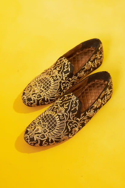 Kala Suvar black and gold embroidered silk loafers – alternate view
