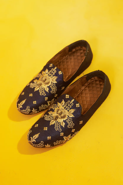 Neel Paduka blue embroidered silk loafers | Bhavya Bhasin Couture