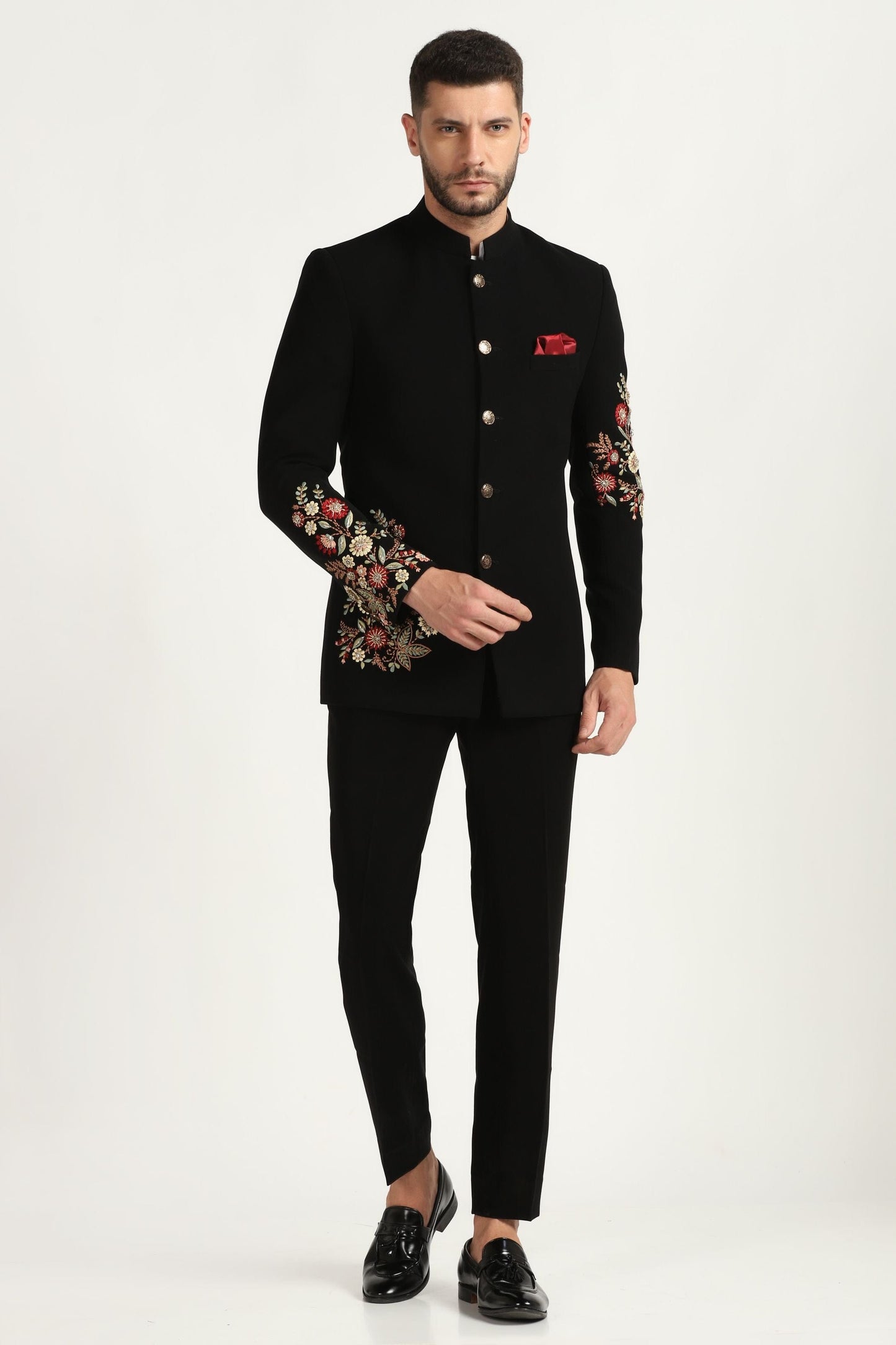 Black embroidered bandhgala suit Indian formal | Bhavya Bhasin Couture