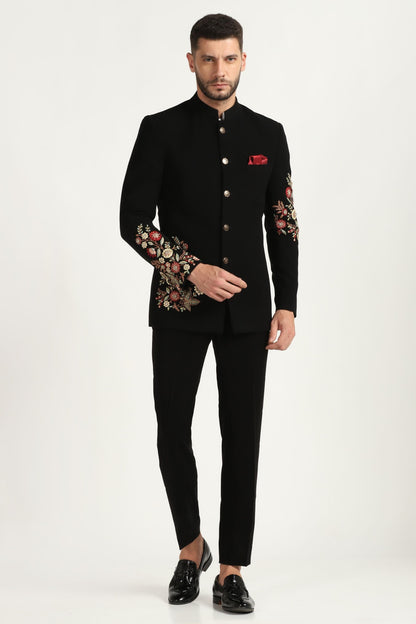 Black embroidered bandhgala suit Indian formal | Bhavya Bhasin Couture