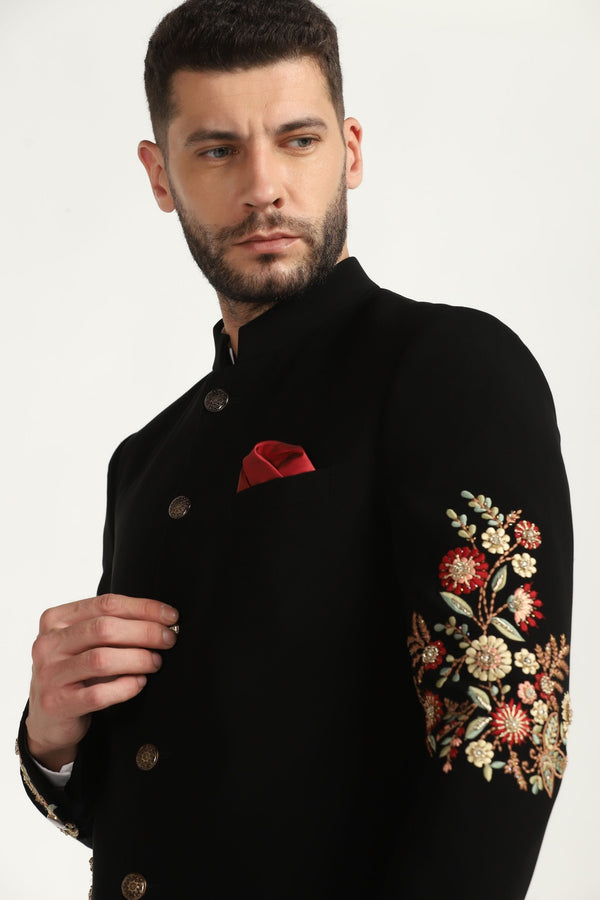 Timeless Sophistication: Black Embroidered Bandhgala Suit