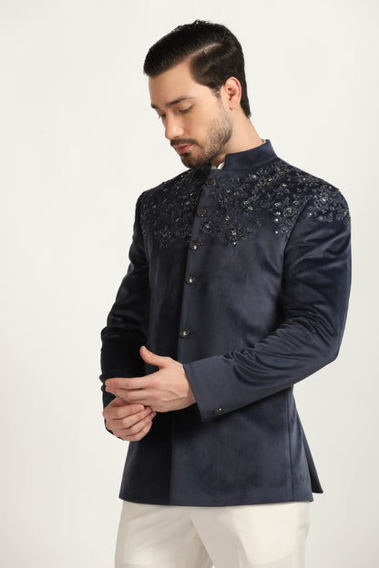 TEAL VELVET EMBROIDERED BANDHGALA