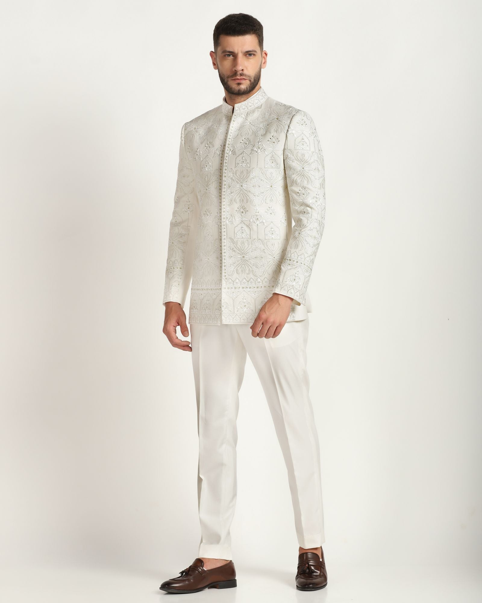 Ivory all-over embroidered bandhgala with ivory trousers | Bhavya Bhasin Couture