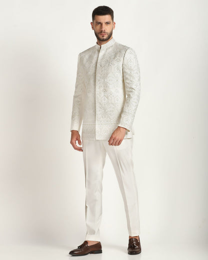 Ivory all-over embroidered bandhgala with ivory trousers | Bhavya Bhasin Couture