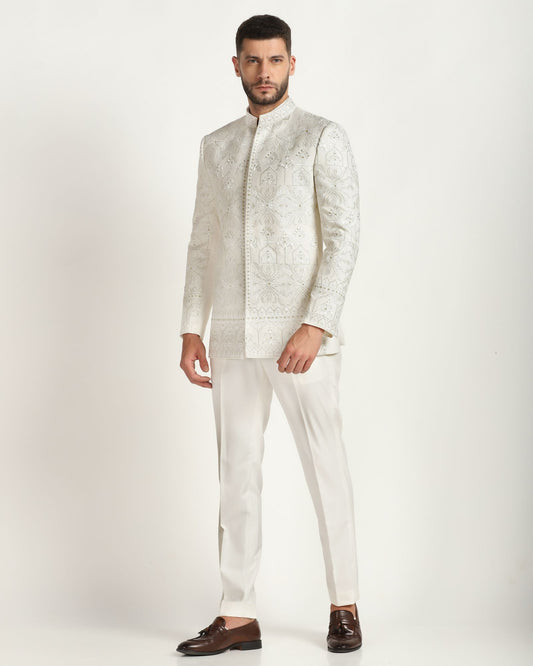 Ivory all-over embroidered bandhgala with ivory trousers | Bhavya Bhasin Couture