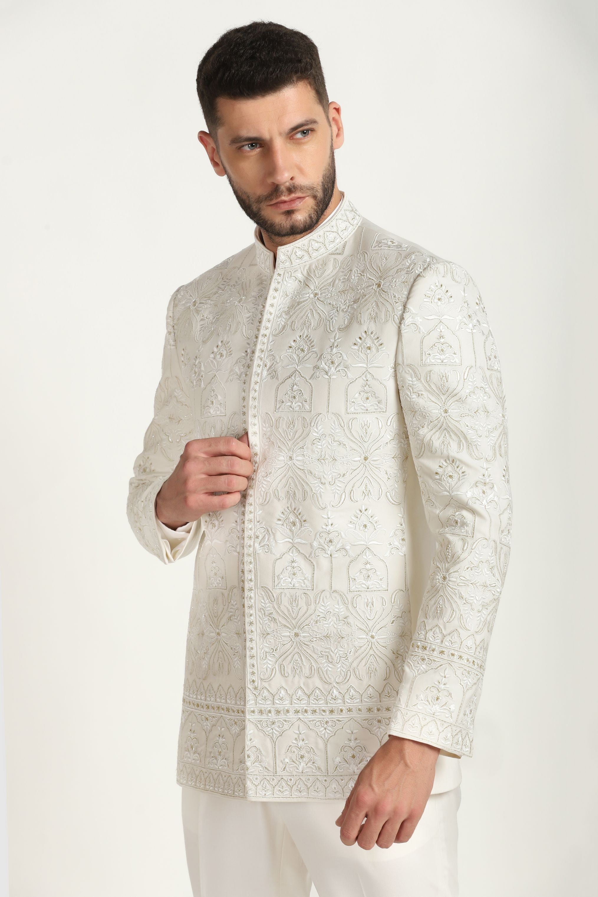 Timeless Elegance: Ivory All-Over Work Bandhgala with Matching Trousers