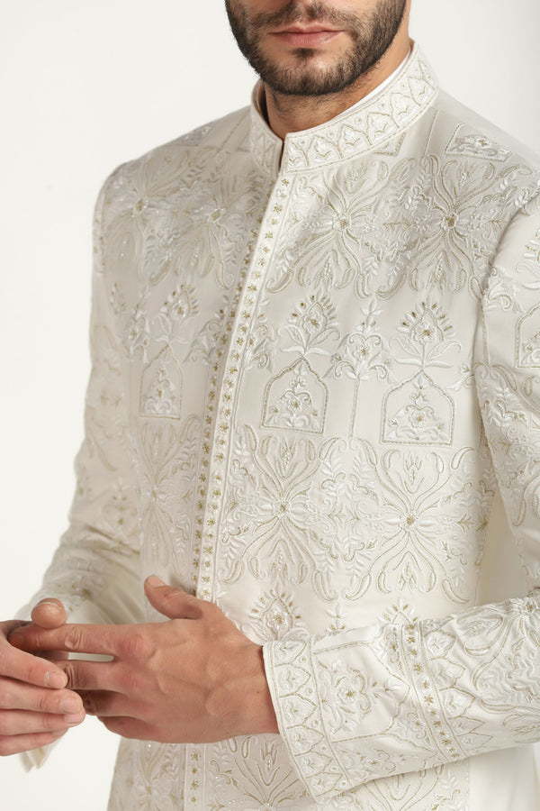Timeless Elegance: Ivory All-Over Work Bandhgala with Matching Trousers