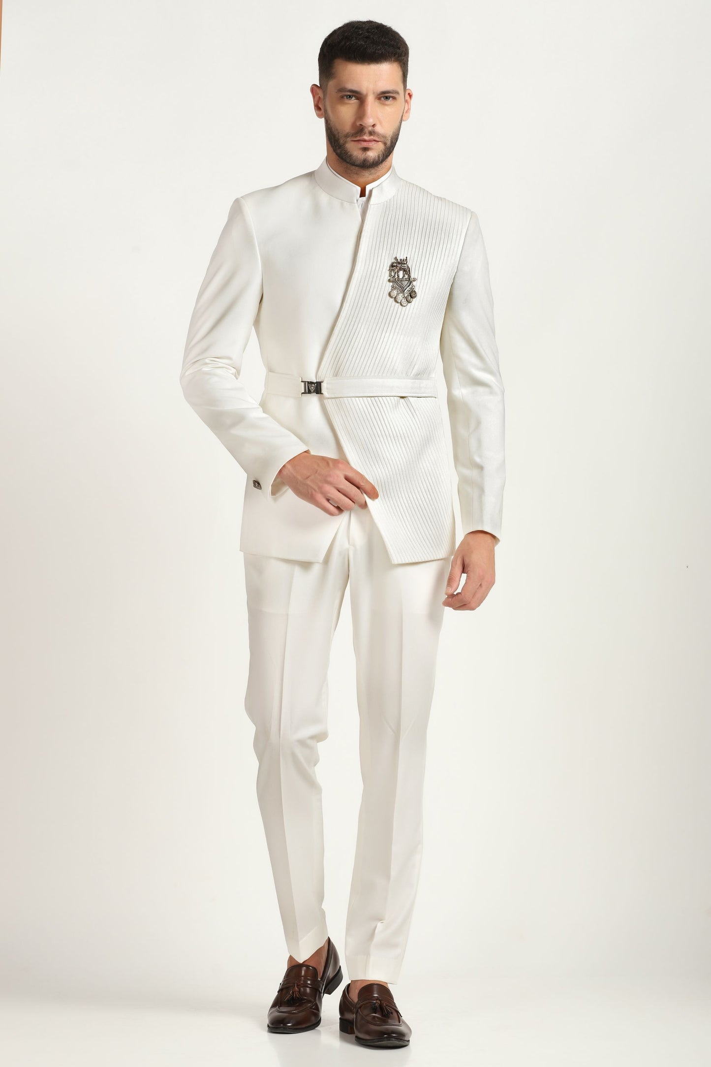 Ivory pintuck bandhgala suit with ivory matching trousers | Bhavya Bhasin Couture
