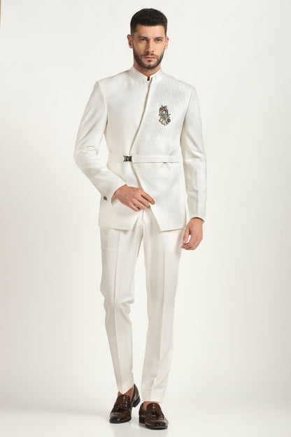 Ivory pintuck bandhgala suit with ivory matching trousers | Bhavya Bhasin Couture