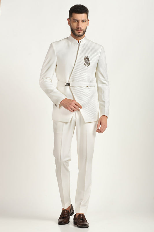 Ivory pintuck bandhgala suit with ivory matching trousers | Bhavya Bhasin Couture