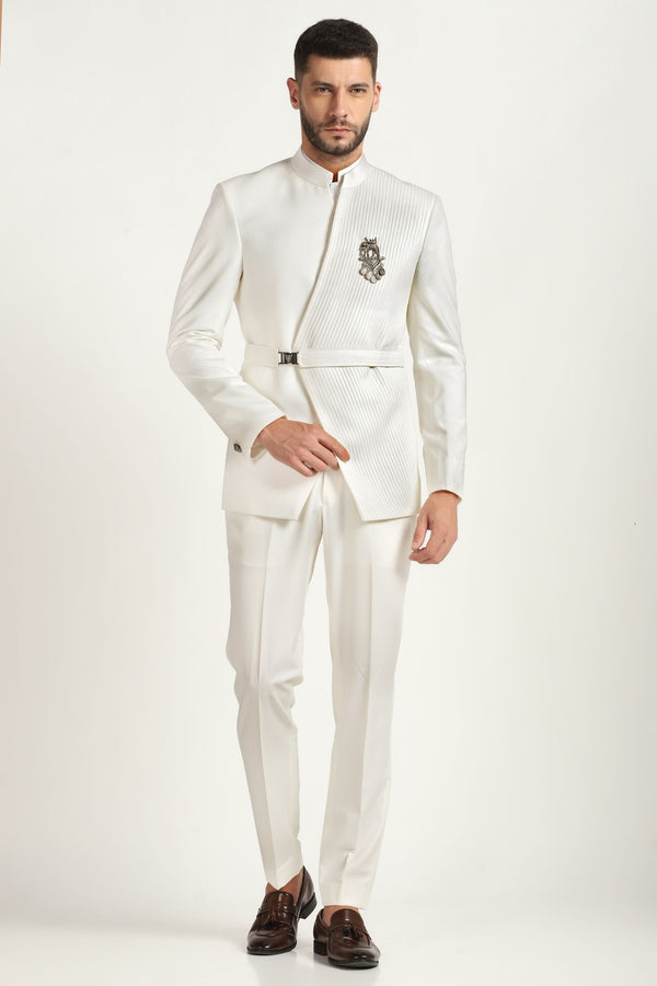 Timeless Chic: Ivory Pintucks Bandhgala Suit with Matching Trousers