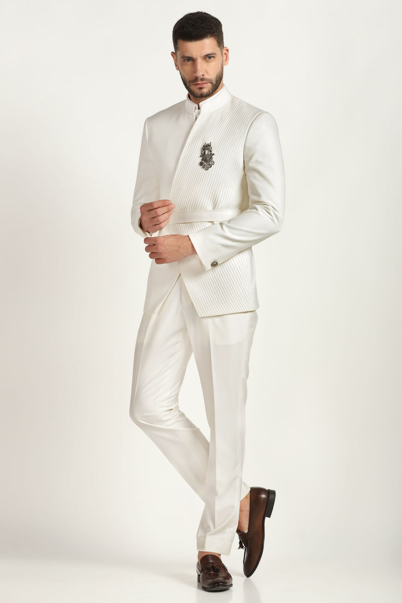 Timeless Chic: Ivory Pintucks Bandhgala Suit with Matching Trousers