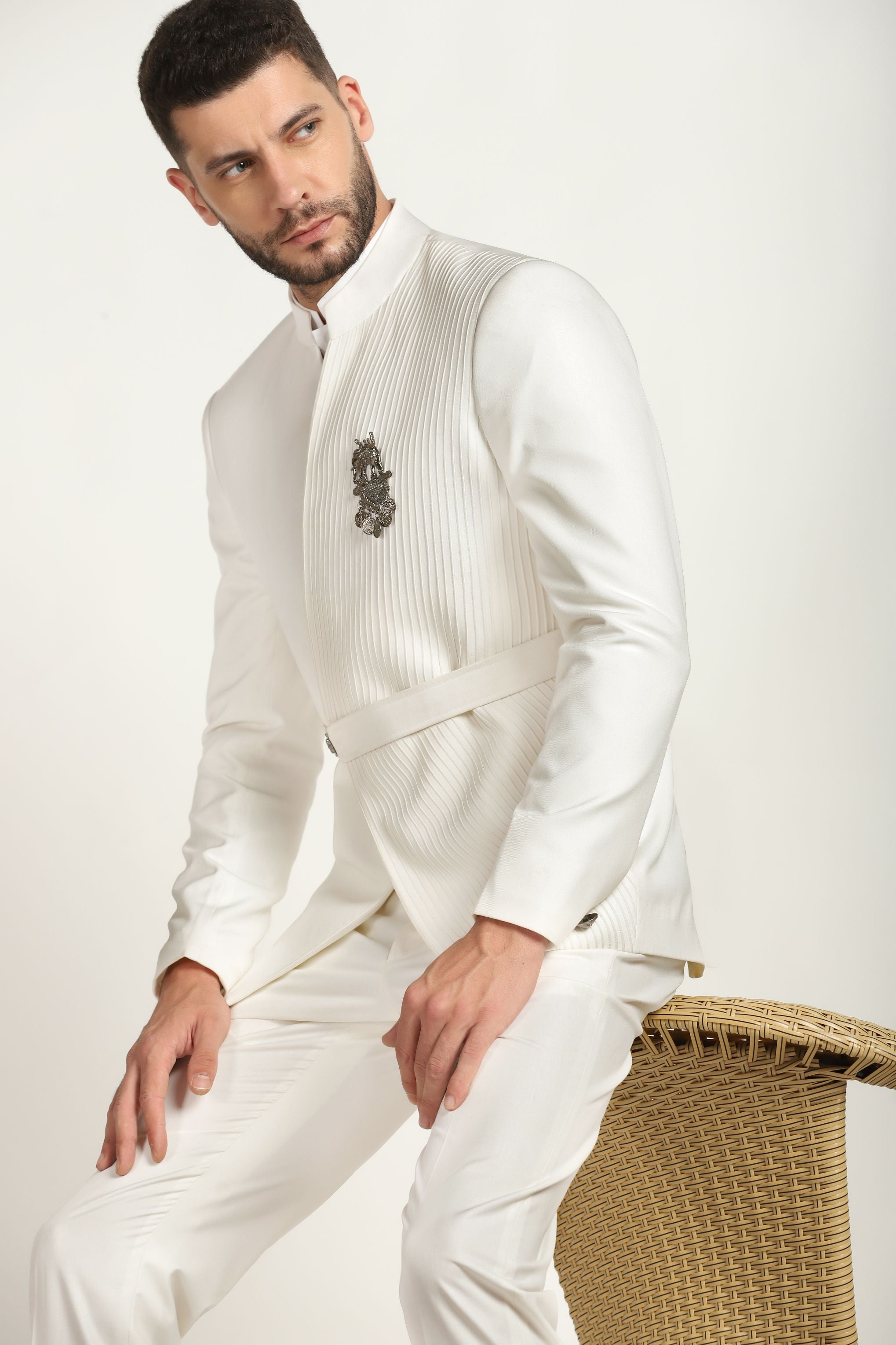 Timeless Chic: Ivory Pintucks Bandhgala Suit with Matching Trousers