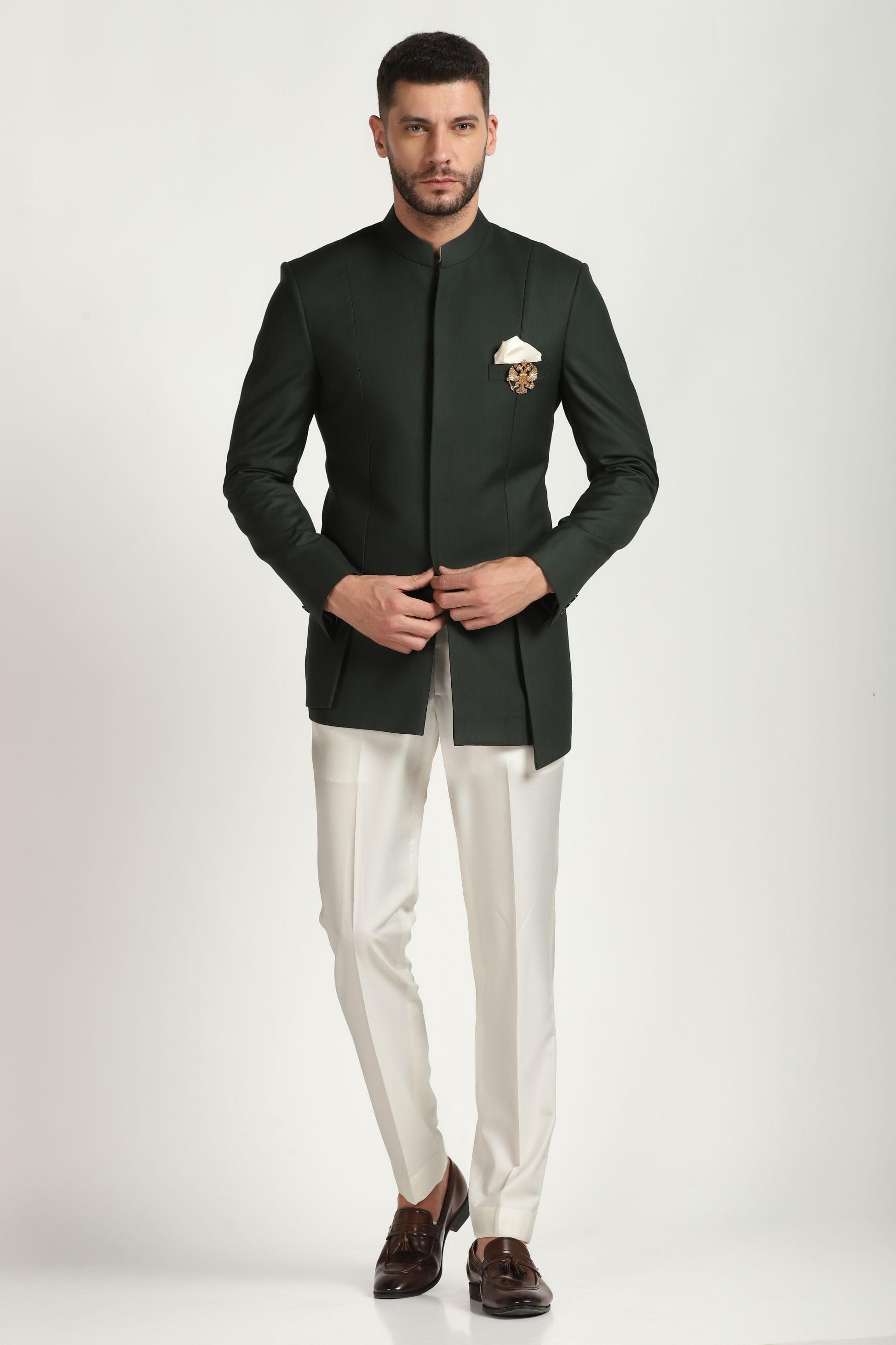 Regal Green Splendor: 4-Layered Bandhgala Suit