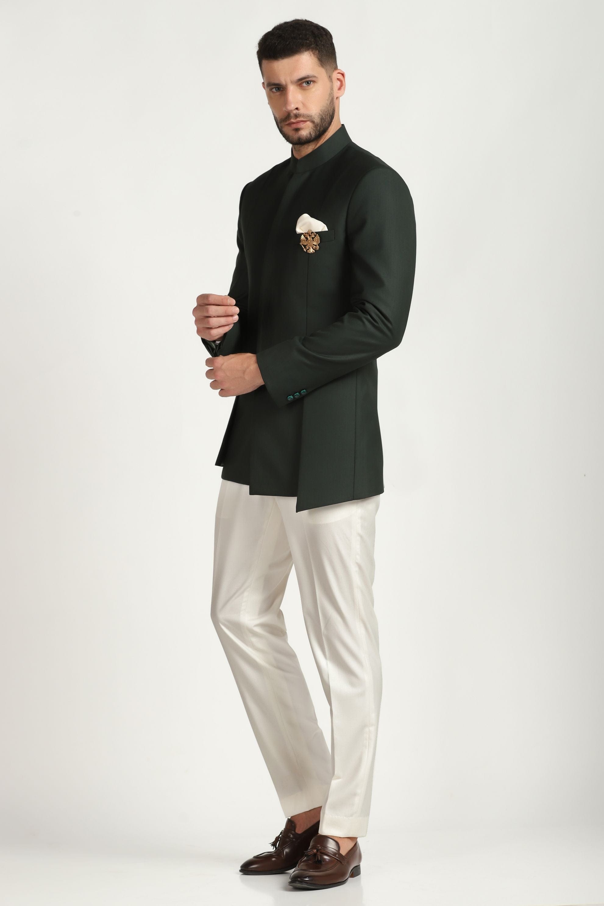 Regal Green Splendor: 4-Layered Bandhgala Suit