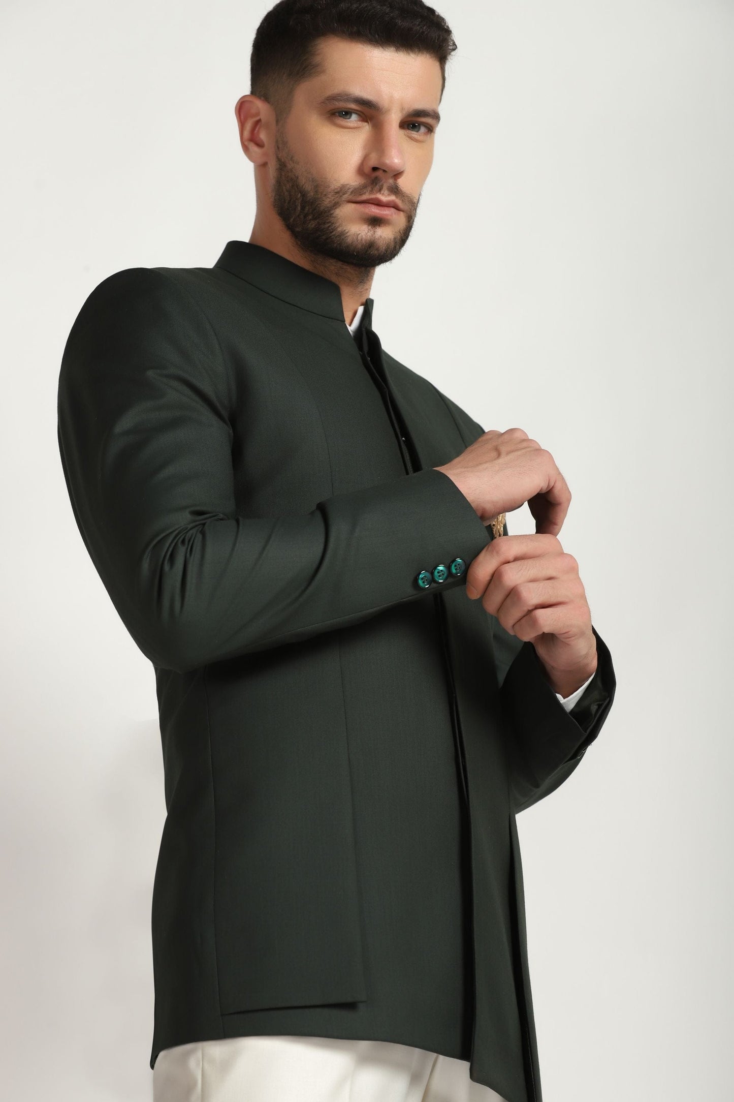 Green 4-layered bandhgala suit regal Indian formal | Bhavya Bhasin Couture