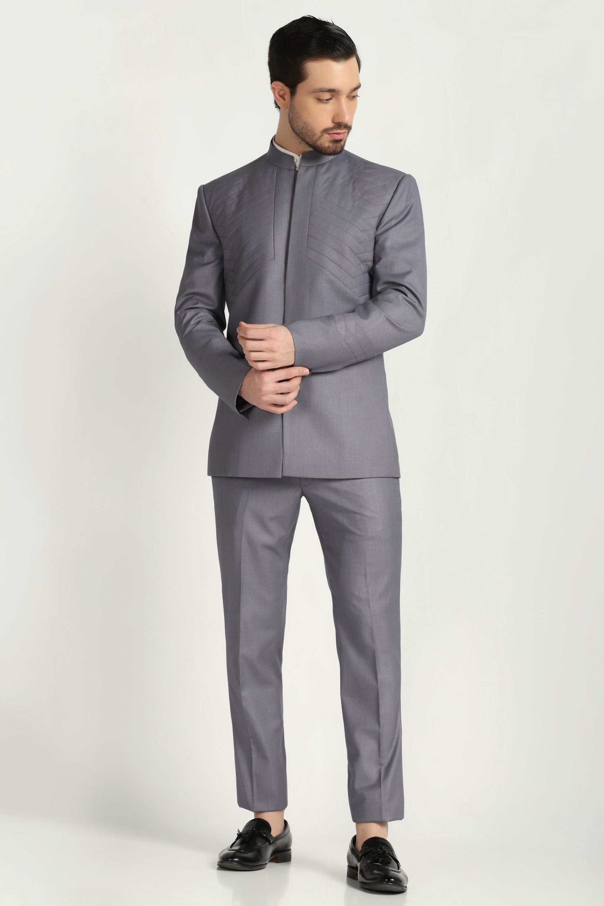 Grey pleated bandhgala suit contemporary Indian formal | Bhavya Bhasin Couture