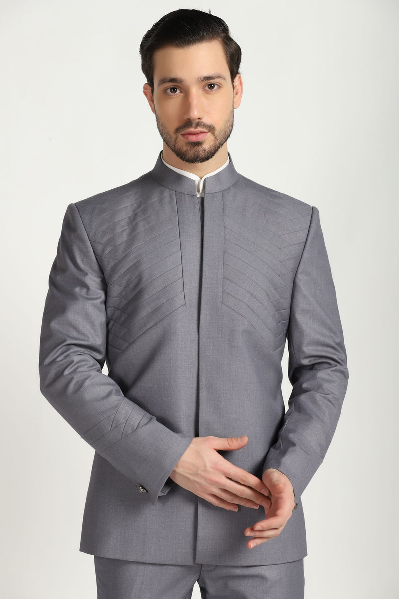 Contemporary Class: Grey Pleated Bandhgala Suit