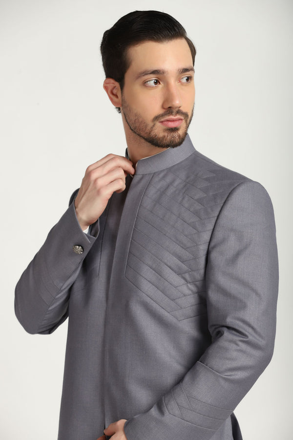 Contemporary Class: Grey Pleated Bandhgala Suit