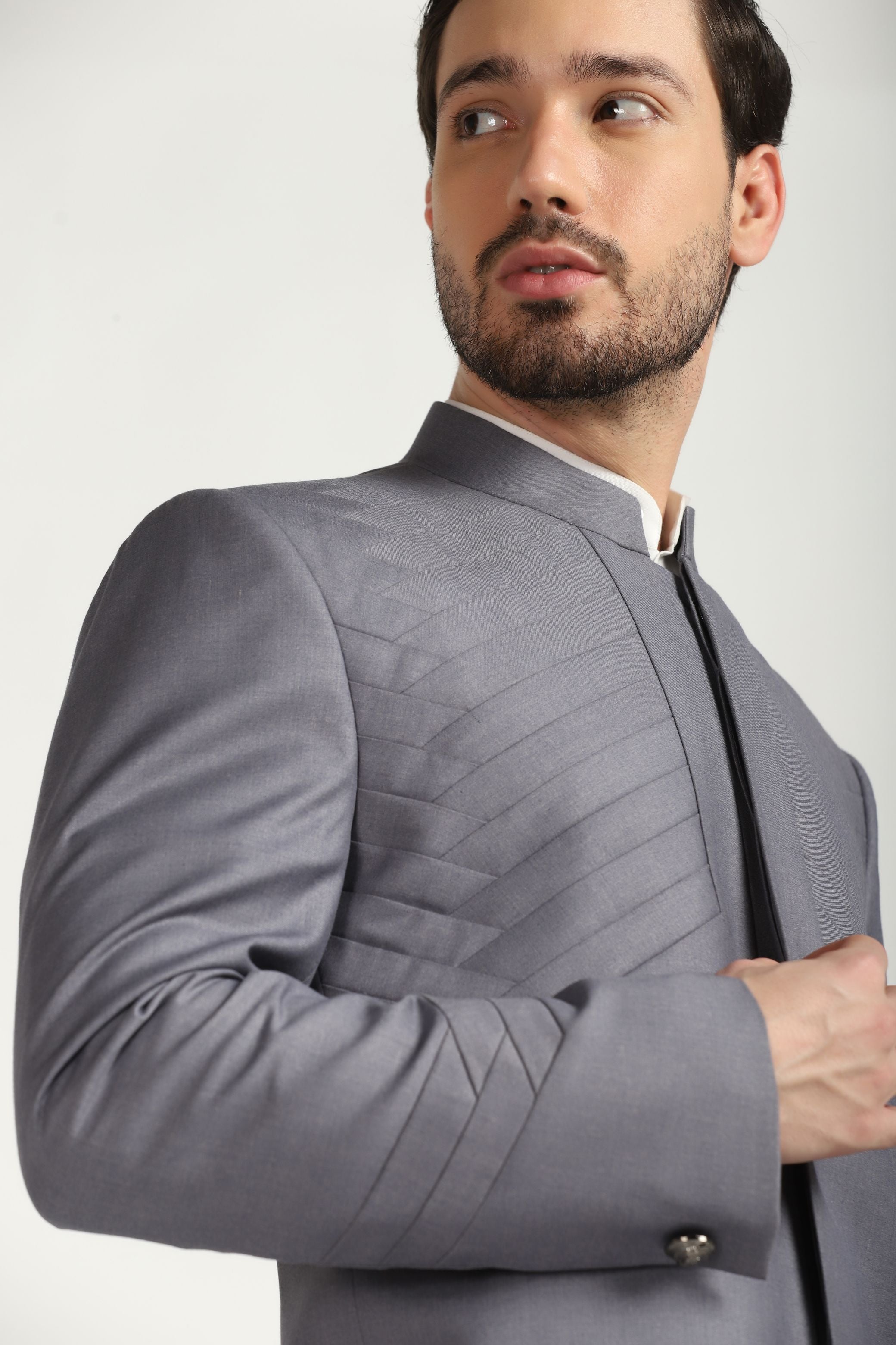 Contemporary Class: Grey Pleated Bandhgala Suit