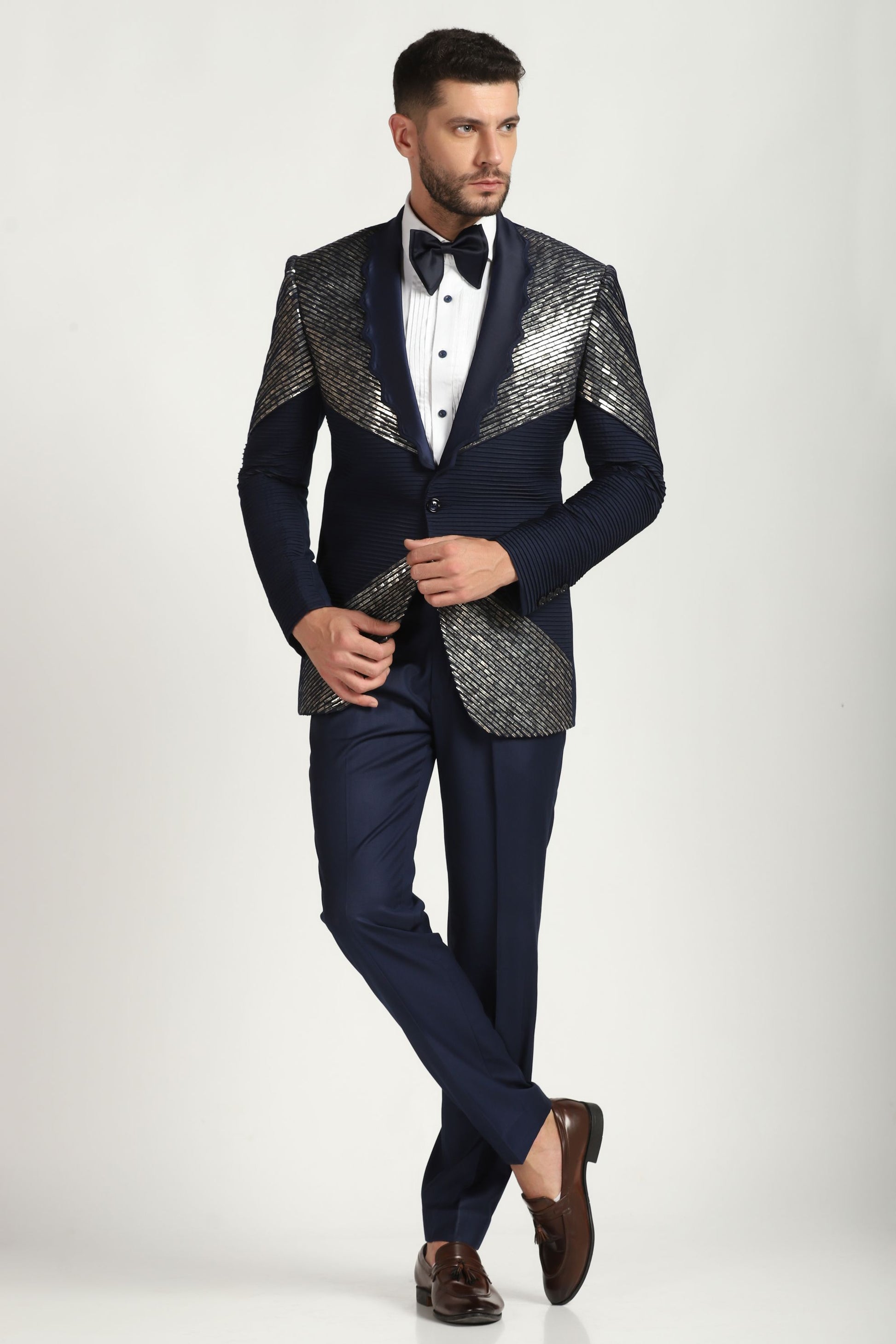 Blue pintuck embroidered tuxedo sapphire luxury | Bhavya Bhasin Couture