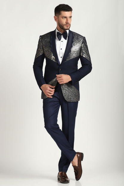 Blue pintuck embroidered tuxedo sapphire luxury | Bhavya Bhasin Couture