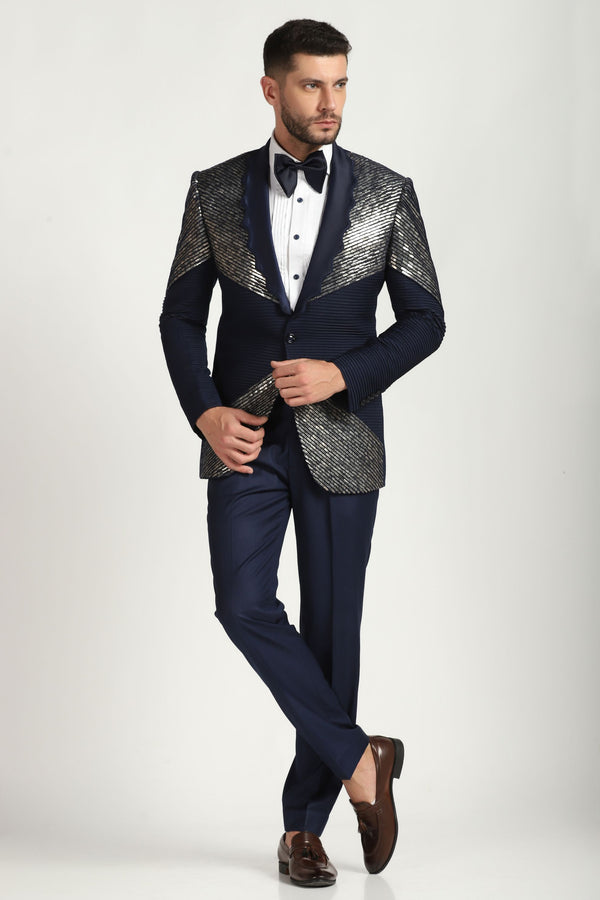 Sapphire Sky Embellished Elegance : Blue Pintucks Embroidered Tuxedo Suit: A Celestial Touch to Contemporary Style