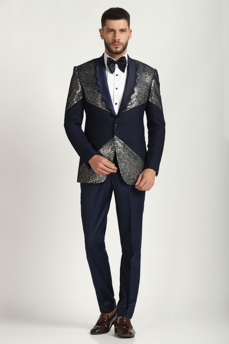 Sapphire Sky Embellished Elegance : Blue Pintucks Embroidered Tuxedo Suit: A Celestial Touch to Contemporary Style
