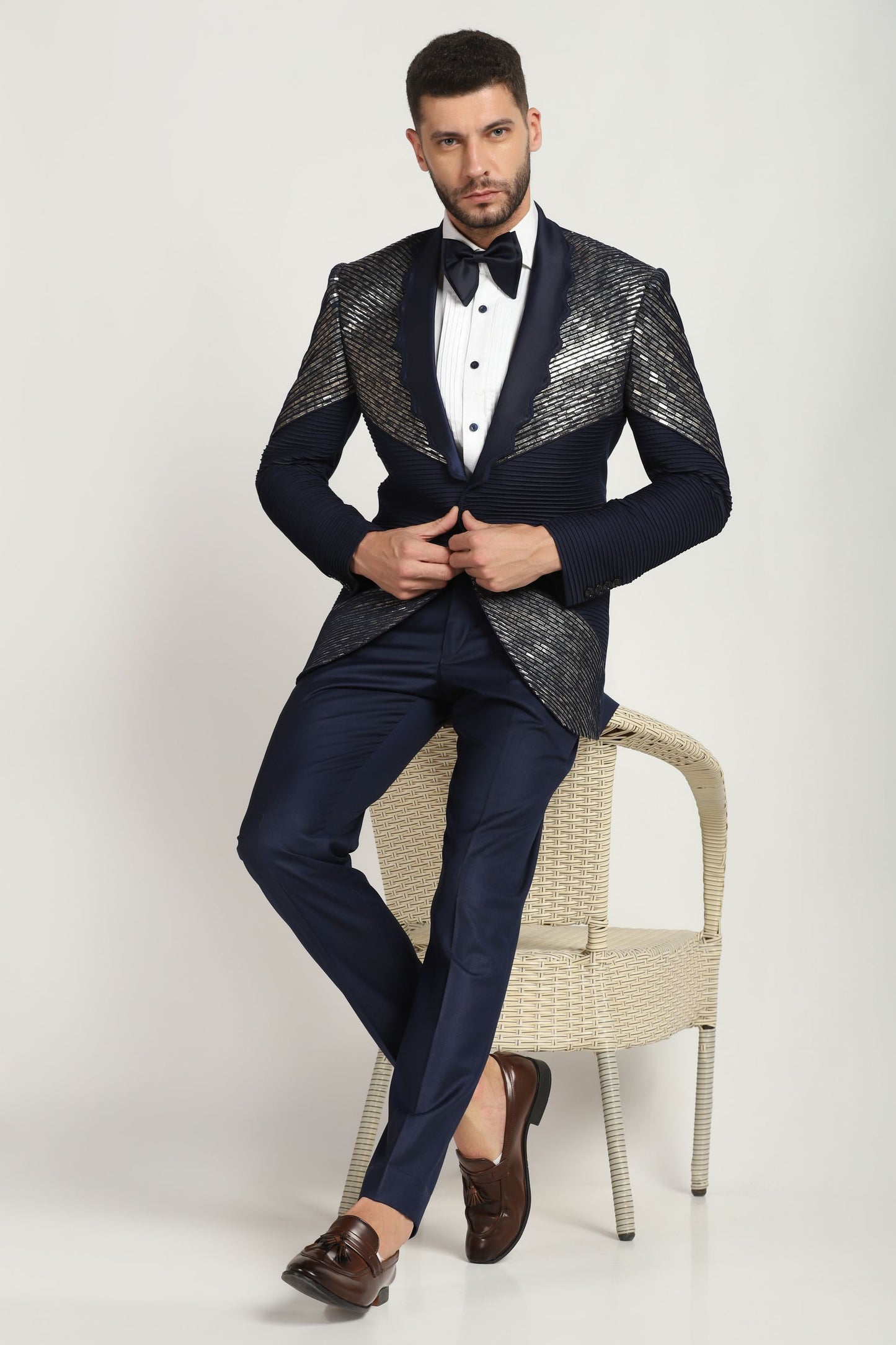 Sapphire Sky Embellished Elegance: Blue Pintucks Embroidered Tuxedo Suit: A Celestial Touch to Contemporary Style