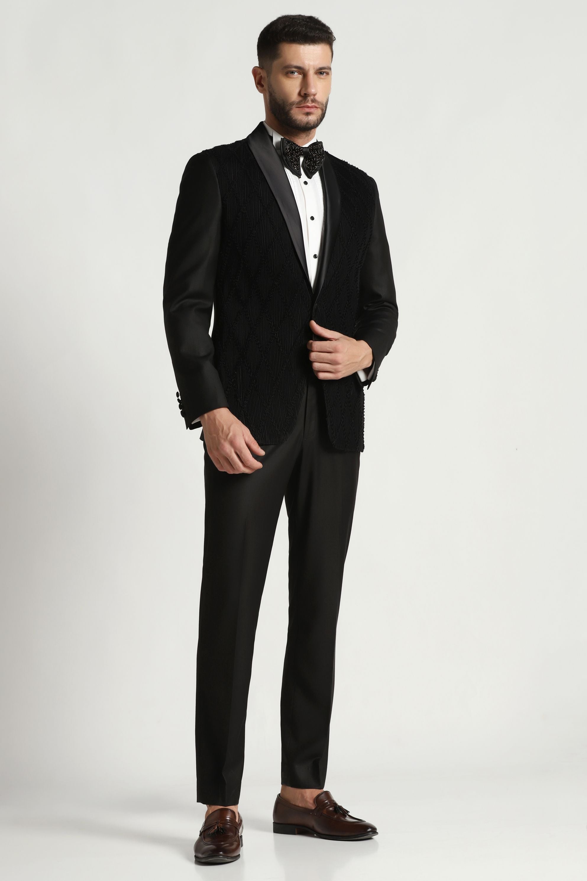 Elegance in Ebony Attire - Black Tuxedo Suit with Pintucks and Frills: Modern Glamour, Timeless Appeal