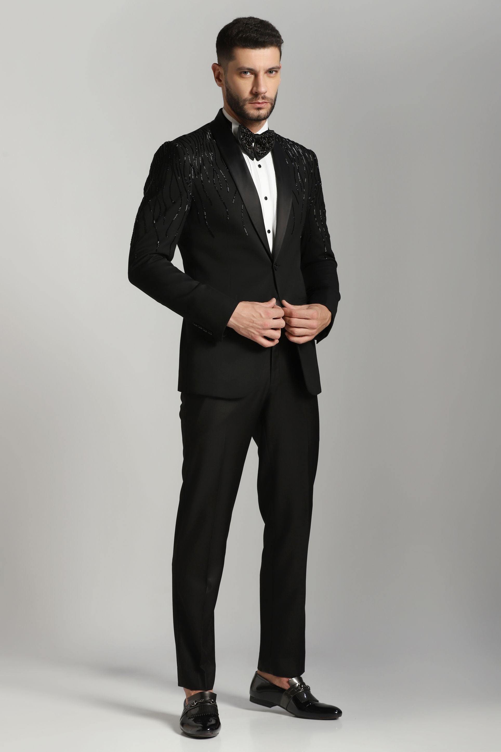 Black Cutdaana embroidered tuxedo noir luxury | Bhavya Bhasin Couture