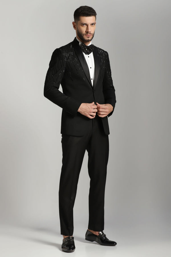 Noir Dazzle Embroidered Tuxedo : Black Elegance Redefined: Cutdaana Embroidery Adorned Tuxedo