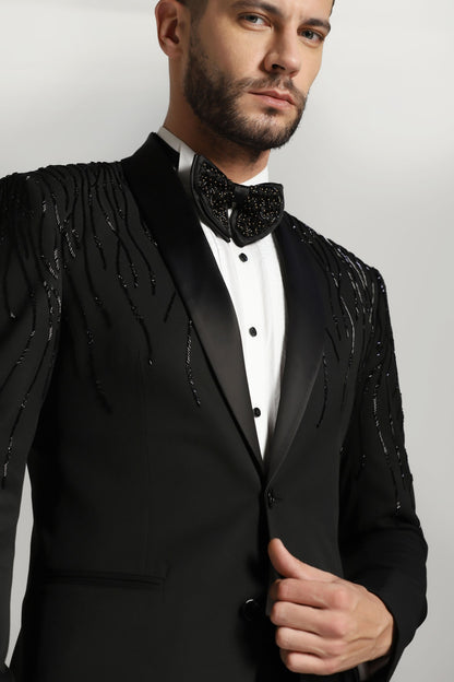 Noir Dazzle Embroidered Tuxedo: Black Elegance Redefined: Cutdaana Embroidery Adorned Tuxedo
