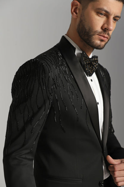 Noir Dazzle Embroidered Tuxedo: Black Elegance Redefined: Cutdaana Embroidery Adorned Tuxedo