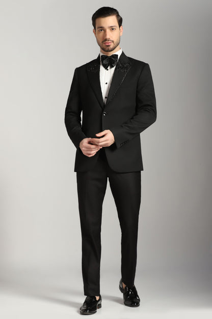 Black tuxedo suit with embroidered lapel luxury | Bhavya Bhasin Couture