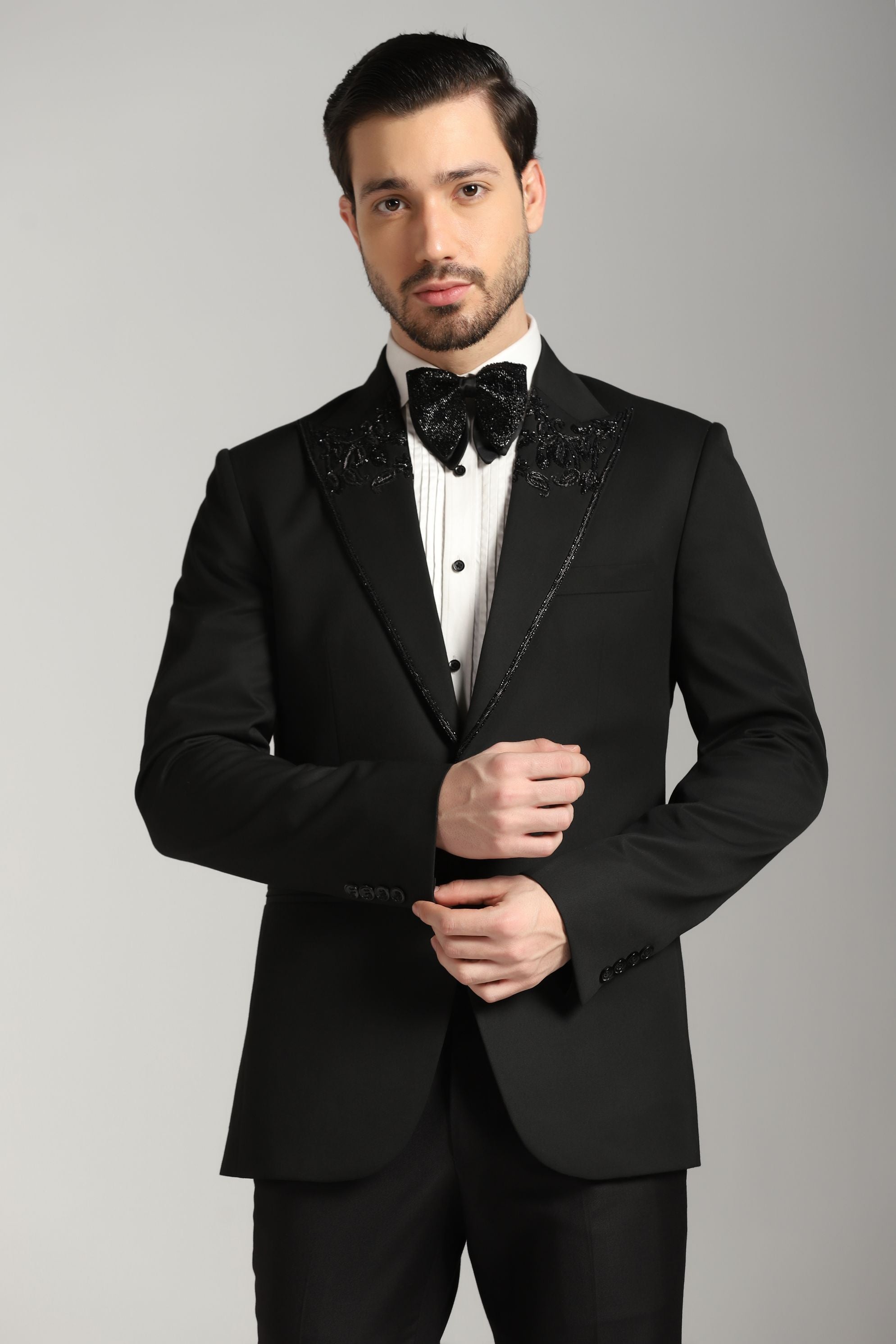 Timeless Black Tuxedo Suit with Embroidered Lapel: Elevate Your Style