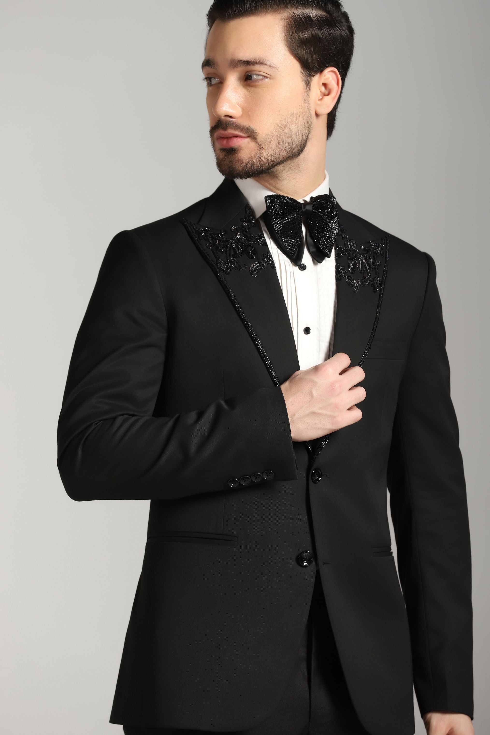 Timeless Black Tuxedo Suit with Embroidered Lapel: Elevate Your Style