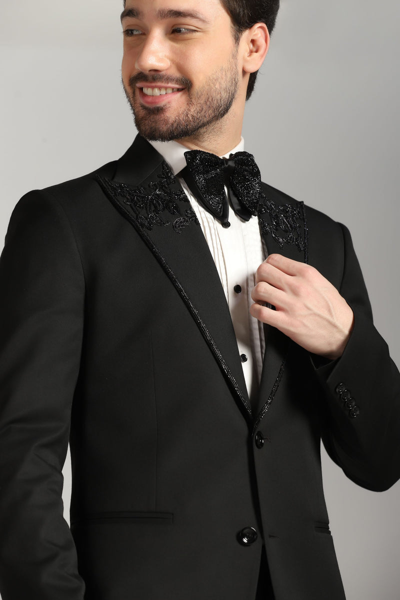 Timeless Black Tuxedo Suit with Embroidered Lapel: Elevate Your Style