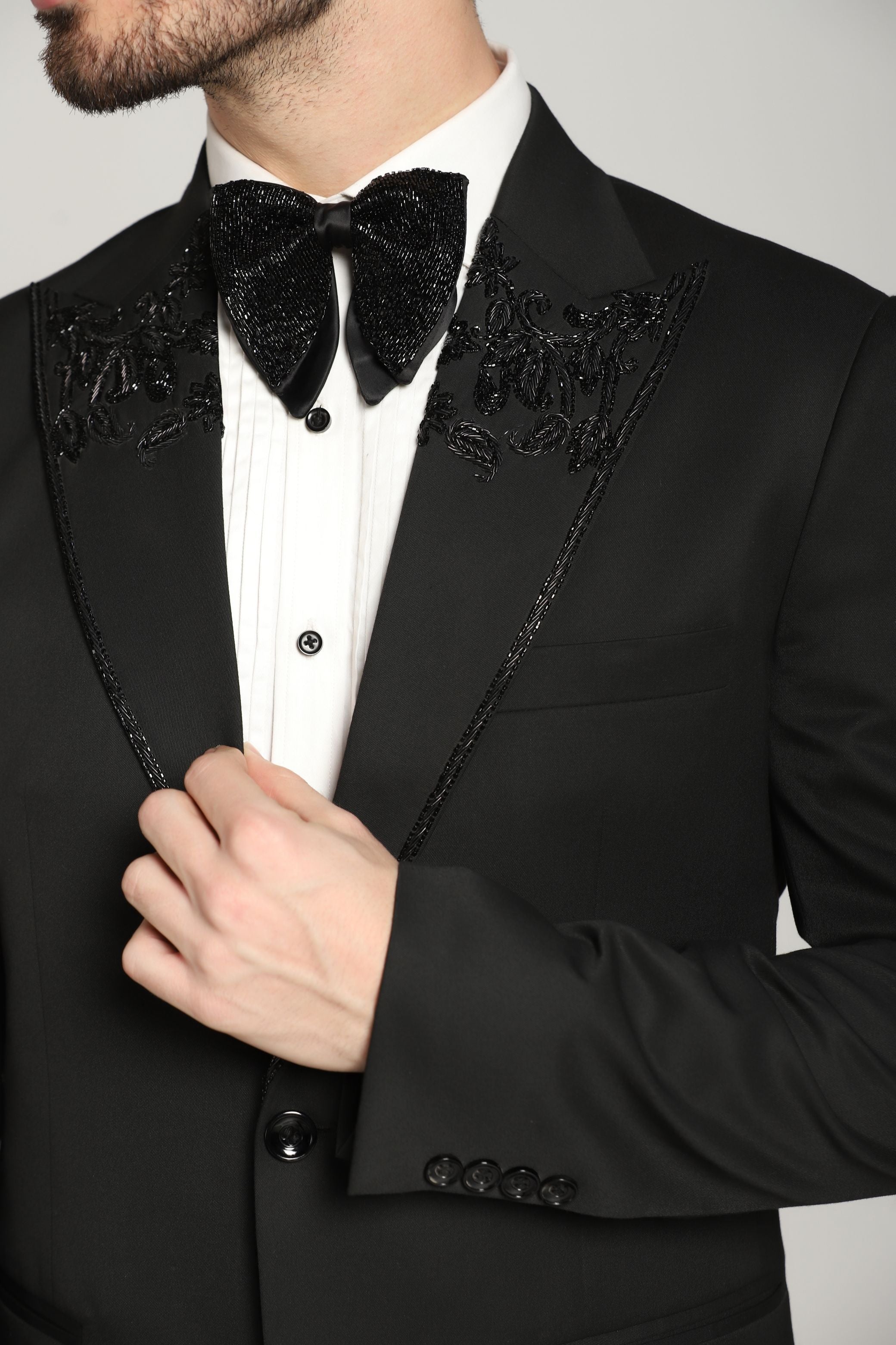 Timeless Black Tuxedo Suit with Embroidered Lapel: Elevate Your Style