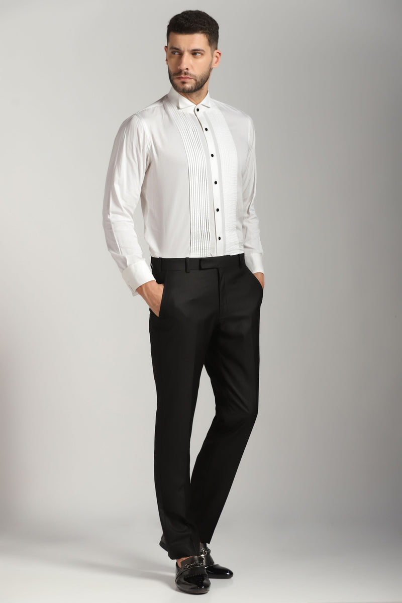 White Verticle Pintucks Tuxedo Shirt