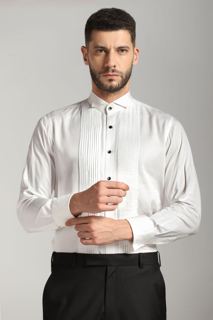 White vertical pintuck tuxedo shirt formal | Bhavya Bhasin Couture