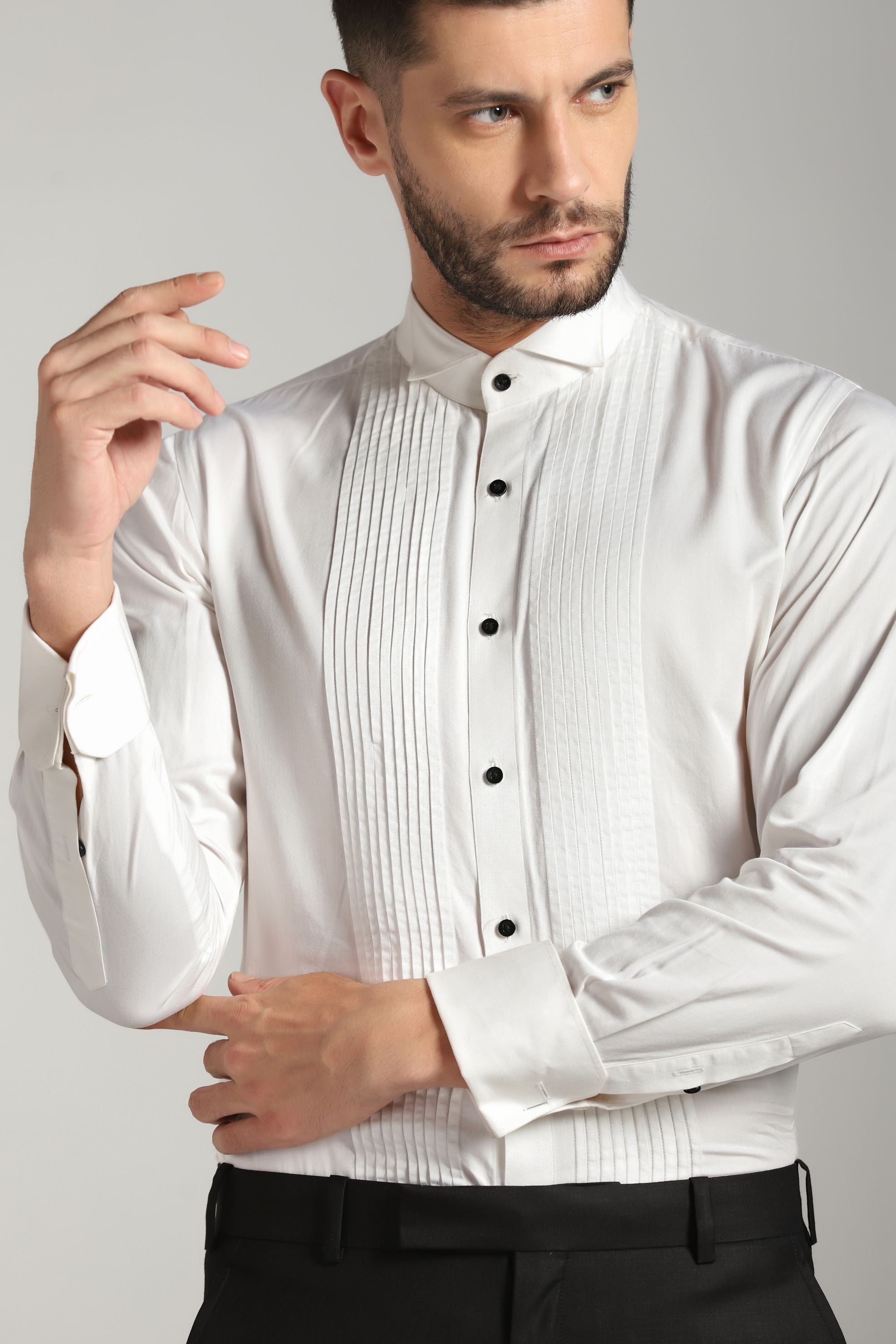 White Verticle Pintucks Tuxedo Shirt