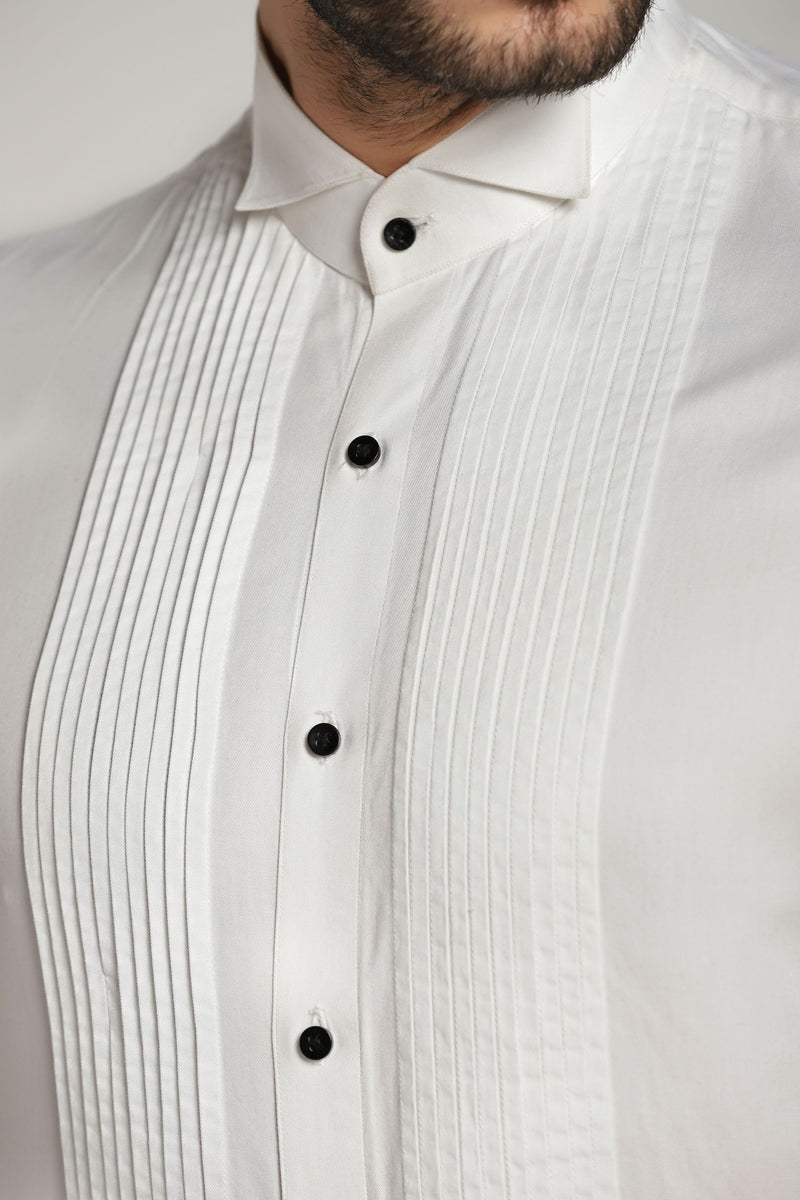 White Verticle Pintucks Tuxedo Shirt