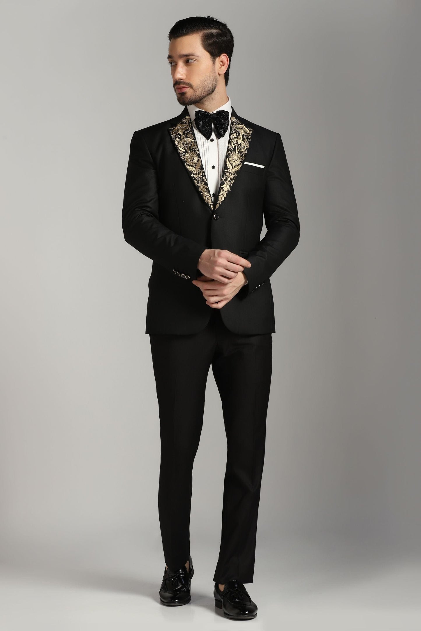 Black gold tuxedo suit luxury black tie | Bhavya Bhasin Couture